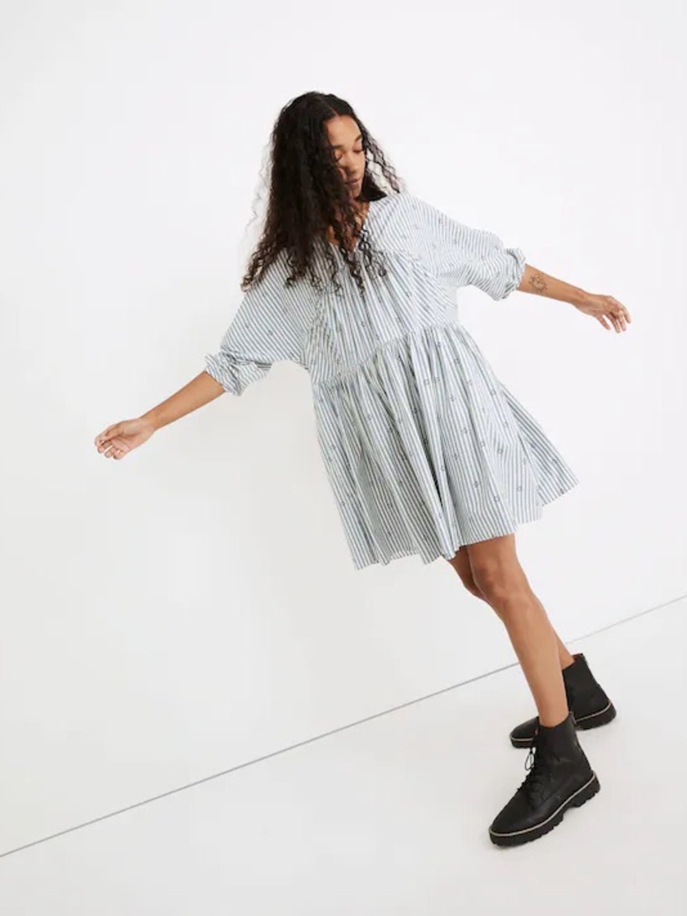 Madewell Striped V-Neck Tiered Mini Dress, Blue/White Coastal Stripe - XS